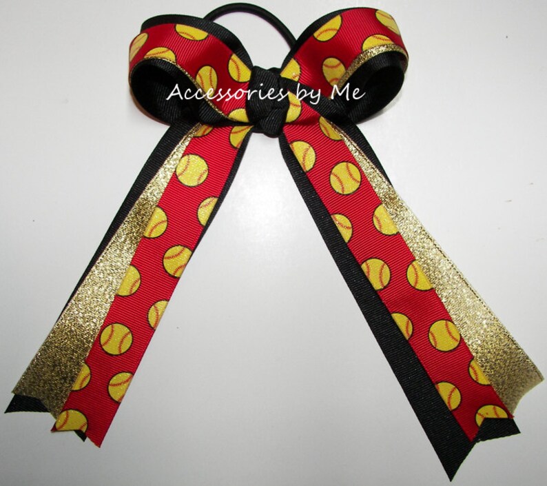 Baseball Ponytail Holder Bow Red Yellow Ribbons Team Hair Ties Streamers