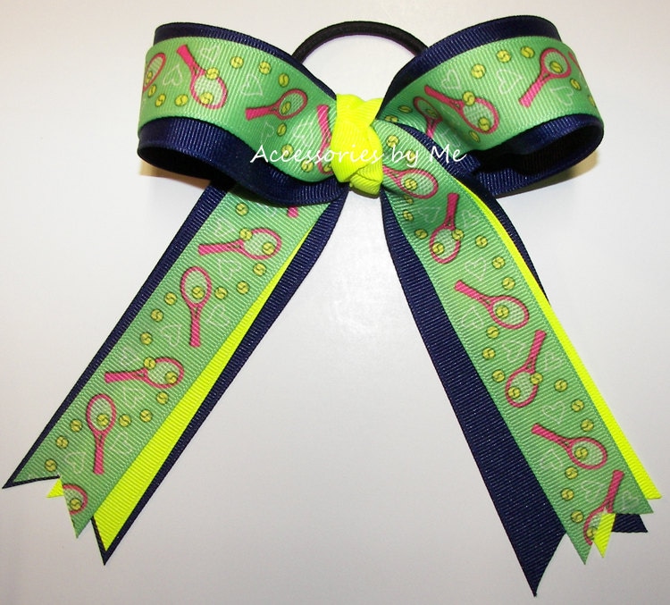 Hair Racket Green Freeform Tennis Racket Print Hair Bow, Neon Green Navy Ponytail Accessory ...