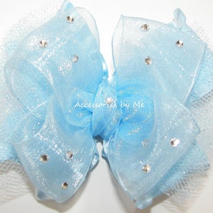 Glitzy Light Blue Bow, Light Blue Tutu Hair Clip, Light Blue Tutu Organza Ruffle Hair Bow, Infant 1st Birthday Princess Blue Alligator Clips