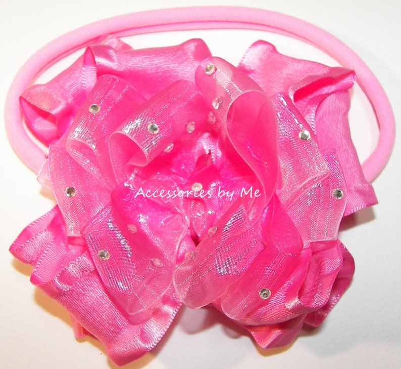 Frilly Pink White Headband Organza Satin Rose Infant Baby Girls Baptism Church