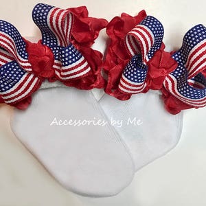 Girls Patriotic Socks, USA Flag Ruffle Bow Socks, Baby Red White Blue Ruffle Bow Socks, Little Miss Pageants, Infant Patriotic Sneaker Socks