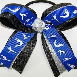 Sparkly Gymnastics Bow, Gymnast Royal Blue Black Bow, Glittery Gymnastics Royal Blue Black Ribbon Bow, Dance Gymnastics Leo Blue Silver Bows
