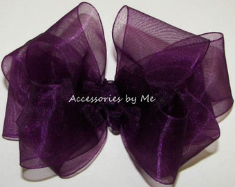 Plum Organza Hair Bow, Alligator Clip, Flower Girl Bow
