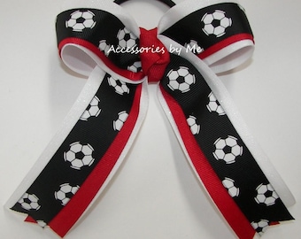 Glitter Soccer Ponytail Bow, Red Black White, Team Spirit