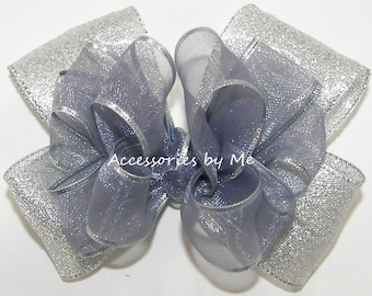 Silver Hair Bow, Girls Silver Hair Clip, Silver Organza Metallic Hair Clip, Flower Girls Silver Bow, Pageant Silver Bow, Baby Girls Hair Bow