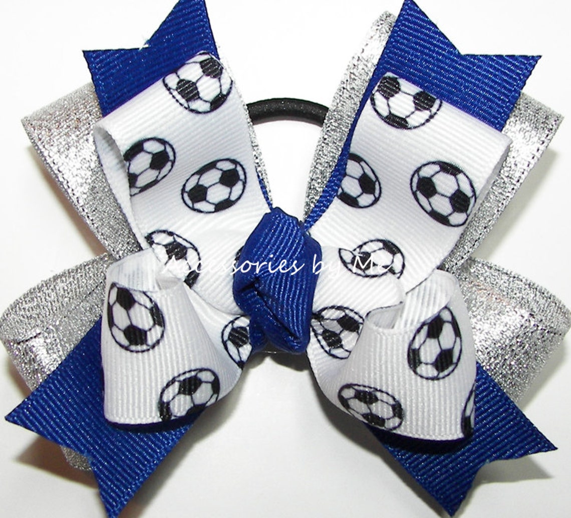 Soccer Ribbon Bow Soccer Blue Silver Ponytail Bow Girls Etsy