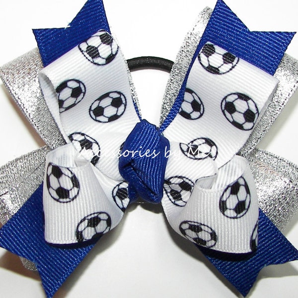 Soccer Ribbon Bow, Soccer Blue Silver Ponytail Bow, Girls Children's Soccer Accessories, Team Mascot Soccer Ball Bows, US Soccer Hair Clips