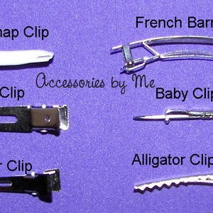May include: An assortment of hair clips, including a white snap clip, alligator clips, a French barrette, and a baby clip, displayed on a purple background. The image also includes an alligator clip with teeth. Text on the image reads "Accessories by Me."