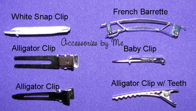 May include: An assortment of hair clips, including a white snap clip, alligator clips, a French barrette, and a baby clip, displayed on a purple background. The image also includes an alligator clip with teeth. Text on the image reads "Accessories by Me."