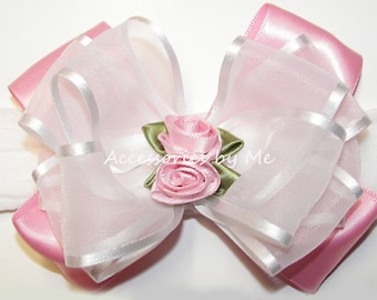 Pink White Headband, Pink Bow Nylon Band, Frilly Pink White Bow Band, Baby 1st Birthday Bow, Girls Baptism Head Bow, Infant Pink Satin Bands
