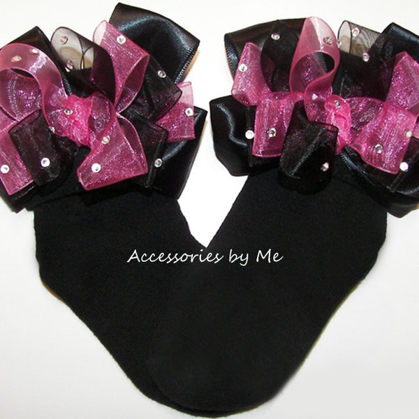 Glitzy Black Socks, Hot Pink Black Bow Socks, Hot Pink Black Organza Satin Bow Socks, Baby Girls Pageant Socks, Pink Black Custom Bow Socks