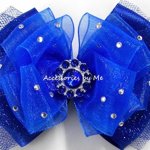 Glitzy Blue Hair Bow, Royal Blue Tutu Clip, Royal Blue Organza Satin Tulle Bow Hair Barrette, Sparkly Cobalt Blue Princess Pageant Hair Bows