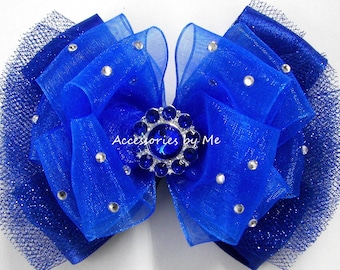 Glitzernde Blaue Haarschleife, Royalblauer Tutu-Clip, Royalblauer Organza-Satin-Tüllschleife-Haarspange, glitzernde Kobaltblau-Prinzessinnen-Festzug-Haarschleifen