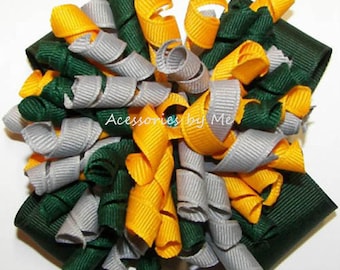 Green Yellow Gray Korker Hair Bow, Football Team Colors