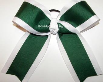 Green Cheer Bow, Green White Ponytail Bow, Forest Green White High Pony Tails Bow, Cheerleader 2 Two Color Team Low Ponytail, Bulk Cheer Bow