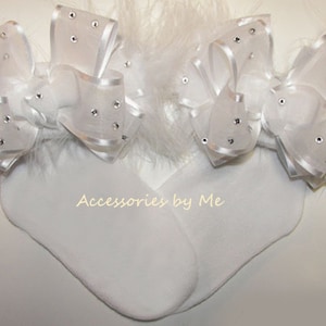 Glitz Pageant Socks, Baby White Bow Sock, Organza Marabou Socks, Flower Girls Satin Bow Socks, Infant Socks, Baptism Socks, Christening Sock