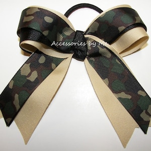 Camo Cheer Bow, Camouflage Hair Clip, Camouflage Green Black Tan Ponytail Bow, Camo Softball Bow, Camo Volleyball Bow, Bulk Camo Ribbon Bows