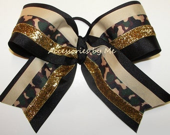 Camo Cheer Bow, Groene Camo Jumbo Bow, Sparkly Groen Zwart Goud Lint Cheer Bow, Glittery Camouflage Bow, Militaire Camouflage Bow Gifts