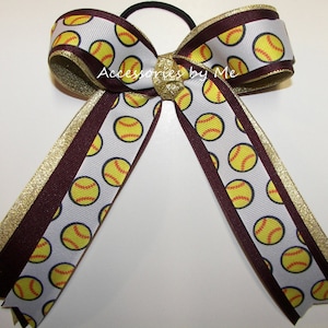 Softball Haarschleife, Softball Maroon Goldschleife, Softball Maroon Gold Pferdeschwanzschleife, Softball College-Team Schleife, Softball Spieler Bandschwänze