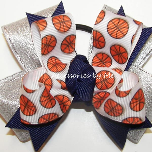 Basketball Blue Hair Bow, Basketball Navy Clip, Basketball Navy Blue Silver Ponytail Bow, Basketball Team Color Bow, Basketball Ponytail Bow