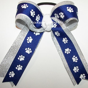 Wildcats Cheer Bow, Paw Prints Blue Bow, Wild Cats Royal Blue White Silver Ponytail Bow, Summer Camp Cheer Bows, College Football Cheer Bows