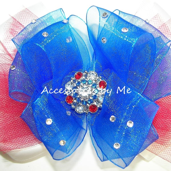 Glitzy Patriotic Bow, USA Patriotic Tutu Clip, Red White Blue Organza Satin Tulle Bow Barrette, Over the Top Baby Girl Patriotic Pageant Bow