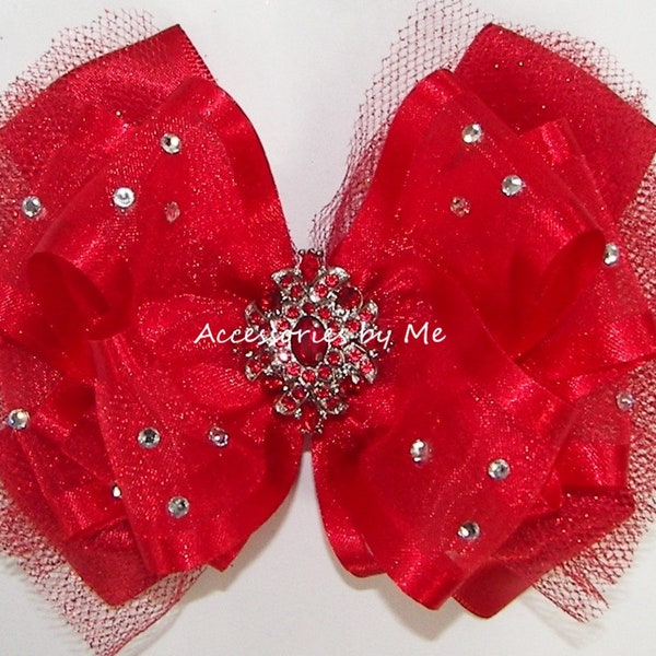 Glitzy Red Hair Bow, Sparkly Red Tutu Hair Bow, Over the Top Red Organza Satin Tulle Hair Bow, Toddler Flower Girl Bow, Pageant Red Bow Clip