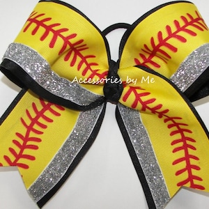 Softball Yellow Bow, Softball Red Laces Bow, Softball Yellow Gold Black Silver Glitter Bow, Softball Player Senior Bow, Bulk Soft Balls Bows