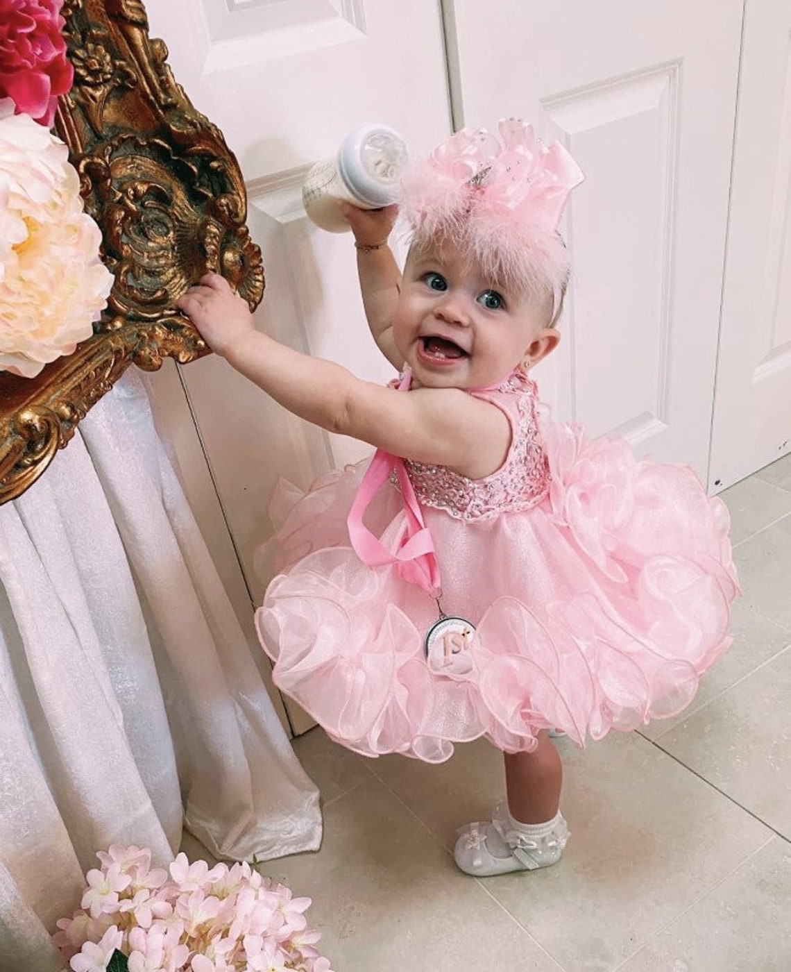 High Glitz Pageant Bow, Light Pink Marabou Feather Clip, Baby Girl 1st ...