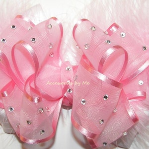 High Glitz Pageant Bow, Light Pink Bow Clip, Light Pink White Organza Satin Marabou Hair Bow, 1st Birthday Over the Top Bow, Boutique Bows
