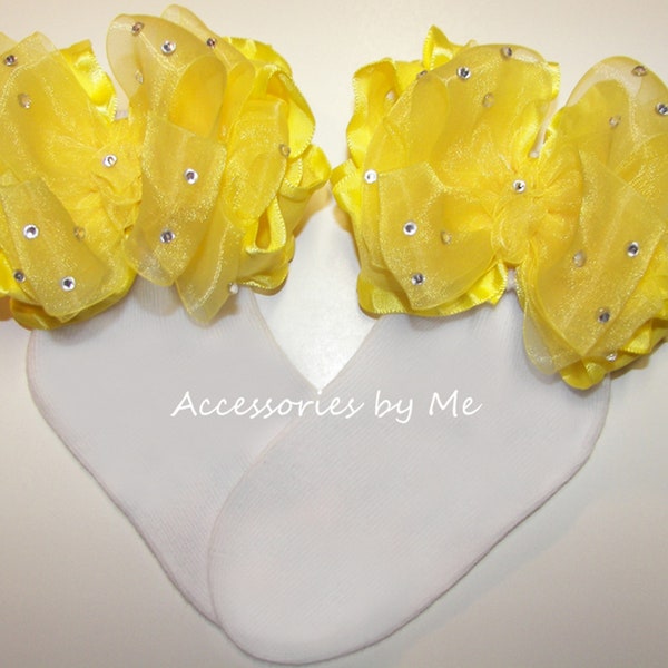 Glitz Pageant Socks, Yellow Ruffle Bow Socks, Bright Yellow Ruffle Bow Socks, Over the Top Lemon Ruffle Socks, Baby 1 Birthday Sneaker Socks