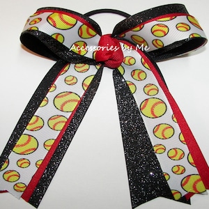 Softball Red Black Bow, Softball Red Ribbons, Sparkly Softball Red Black Bow, Softball Red Black Hair Bows, Glittery Black Red Softball Bows