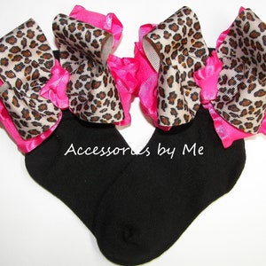 Leopard Ruffle Bow Socks, Hot Pink Trim, Baby Girls Animal Print Party Gift