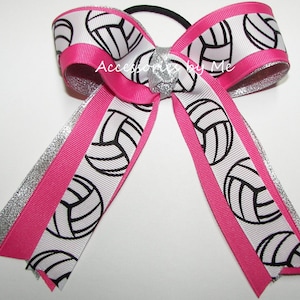 Volleyball Pink Bow, Volleyball Pink HairBow, Sparkly Volleyball Hot Pink Silver Ponytail Bow, Volleyball Pink Out Bow, Bulk Volleyball Bows