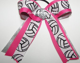 Volleyball Hair Bow, Volleyball Pink Bow, Sparkly Volleyball Pink Silver Ponytail Bow, Cancer Volleyball Bow, Bulk Wholesale Volleyball Gift