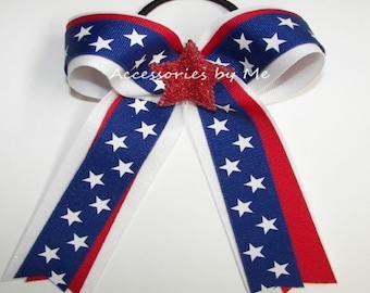 Patriotic Star Ponytail Bow, Red White Blue, USA Team Hair Tie