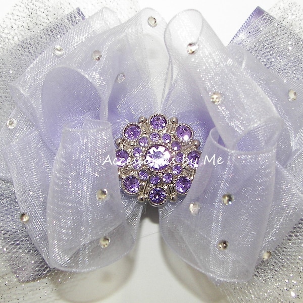 Glitzy Lilac Hair Bow, Lilac Purple Tutu Clip, Embellished Lilac Wisteria Organza Satin Tulle Hair Barrette, Sparkly Lilac Pageant Hair Clip