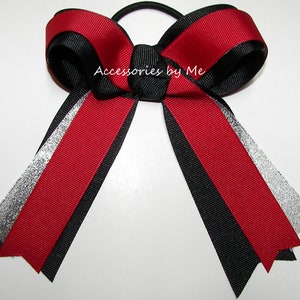 Red Black Cheer Bow, Three Ribbon Cheer Bow, Red Black Silver Ponytail Bow, Bulldog Cheer Bow, Sparkly Gymnastics Bow, Bulk Custom Cheer Bow