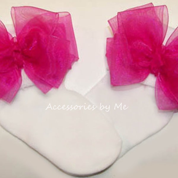 Fuchsia Bow Socks, Pageant Fuchsia Pink Socks, Fuchsia Pink Organza Trim Bow Socks, Bright Pink Bows Socks, Baby Girls Birthday Sneaker Sock