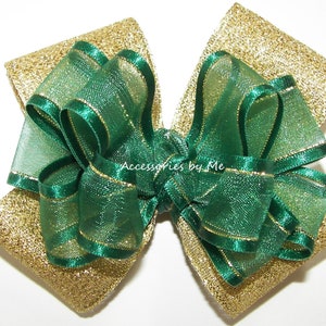 Girls Green Hair Bow, Green Gold Bow Clip, Hunter Green Organza Metallic Bow Clip, Christmas Green Gold Bow, Flower Girl Green Gold Hair Bow