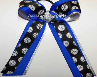 Volleyball Black Bow, Volleyball Ribbon Bow, Glitter Volleyball Black Blue Silver Ponytail Bows, Volleyball Team Spirit Bows, Team Gift Bows