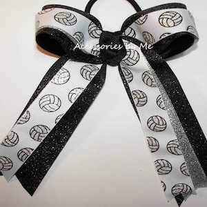 Volleyball Hair Bow, Volleyball Black White Ponytail Bow, Glitter Volley Ball Black Silver Bow, Sparkly Volleyball Bow, Bulk Volleyball Bows