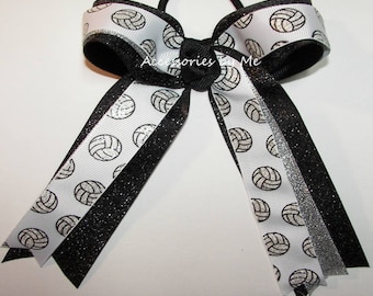 Sparkly Volleyball Bow, Glittery Volleyball Ribbon, Volleyball Black Silver Ponytail Ties, Volleyball Player Bow Clip, Bulk Volleyball Gifts