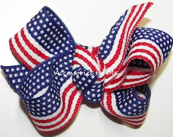 USA Flag Hair Bow, Patriotic July 4th Pigtail Clip, Baby Girls Ribbon Accessory