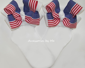 Girls Patriotic Bow Socks, USA Flag, Red White Blue, Sizes NB-Adult