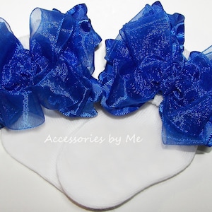 Royal Blue Socks, Blue Ruffle Bow Socks, Royal Blue Organza Ruffle Bow Socks, Frilly Blue Baby Pageant Socks, Princess Royal Blue Bows Socks