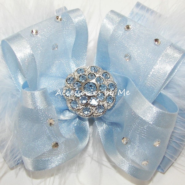 Sparkly Light Blue Bow, Blue Marabou Bow Clip, Light Blue Organza Marabou Satin Bow, Sky Blue Feathery Tutu Bows, 1st Birthday Princess Bows