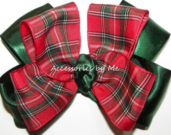 Scottish Plaid Hair Bow, Christmas Tartan Red Green Clip, Flower Girls Barrette