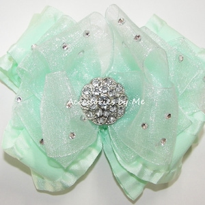 Glitzy Mint Green Ruffle Bow, Pageant Mint Hair Bow, Mint Green Organza Ruffle Hair Bow, Toddler Soft Mint Bow, Flower Girl Seafoam Bow Clip