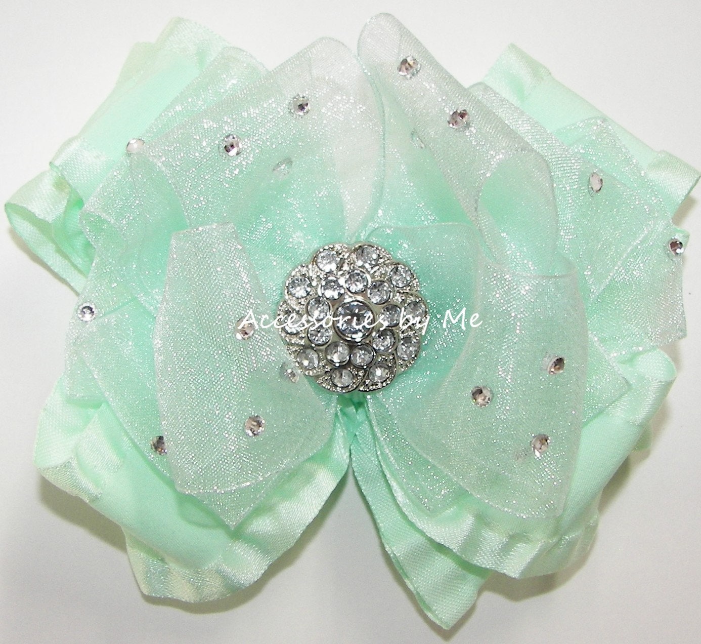 Glitzy Mint Green Ruffle Bow, Pageant Hair Clip, Flower Girl  display picture 1
